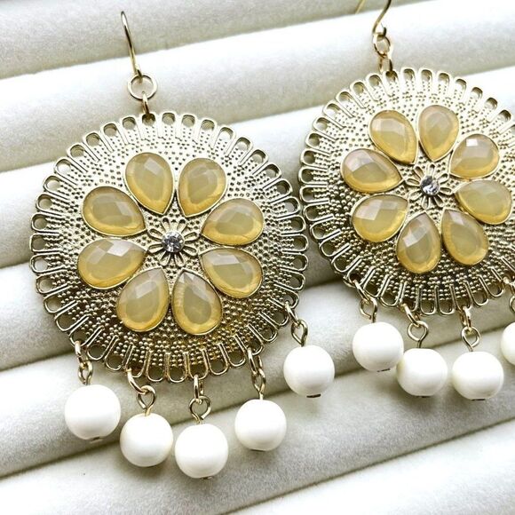 Yellow Gold with Champagne Crystal and White Beaded Medallion Hook Earrings - Picture 7 of 10